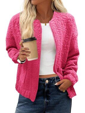 Women's Light Pink Jacquard Bomber Jacket Zip Up Lightweight Casual Fall Coat